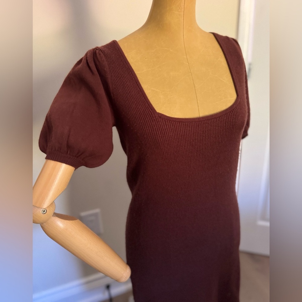 NWT FRENCH CONNECTION Chocolate Ribbed Puff Sleeve Dress (M) - Picture 4 of 11